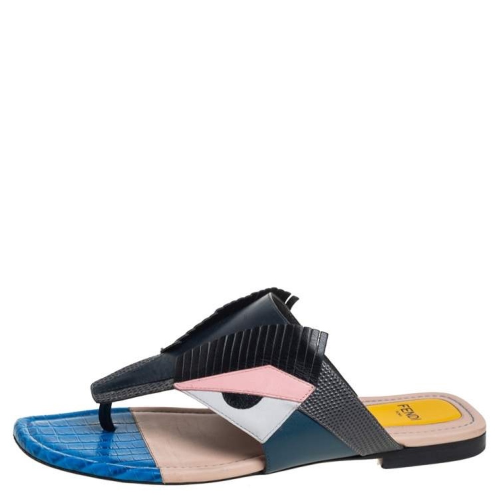 Fendi Multicolor Bugs Paneled Leather Thong Flats